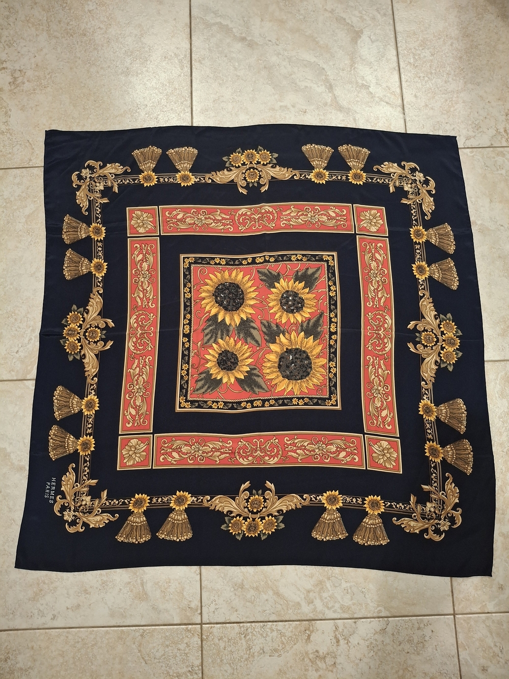 Hermes Navy, Red & Gold Sunflower Silk Scarf